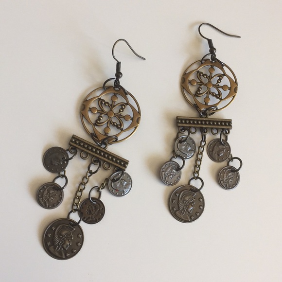 Whimsical Turtle Jewelry - 🆕🐢 Stamped Brass & Faux Coin Chandelier Earrings